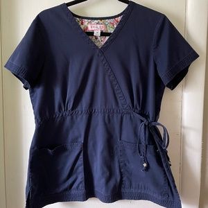 Koi Katelyn Mock Wrap Scrub Top in Navy